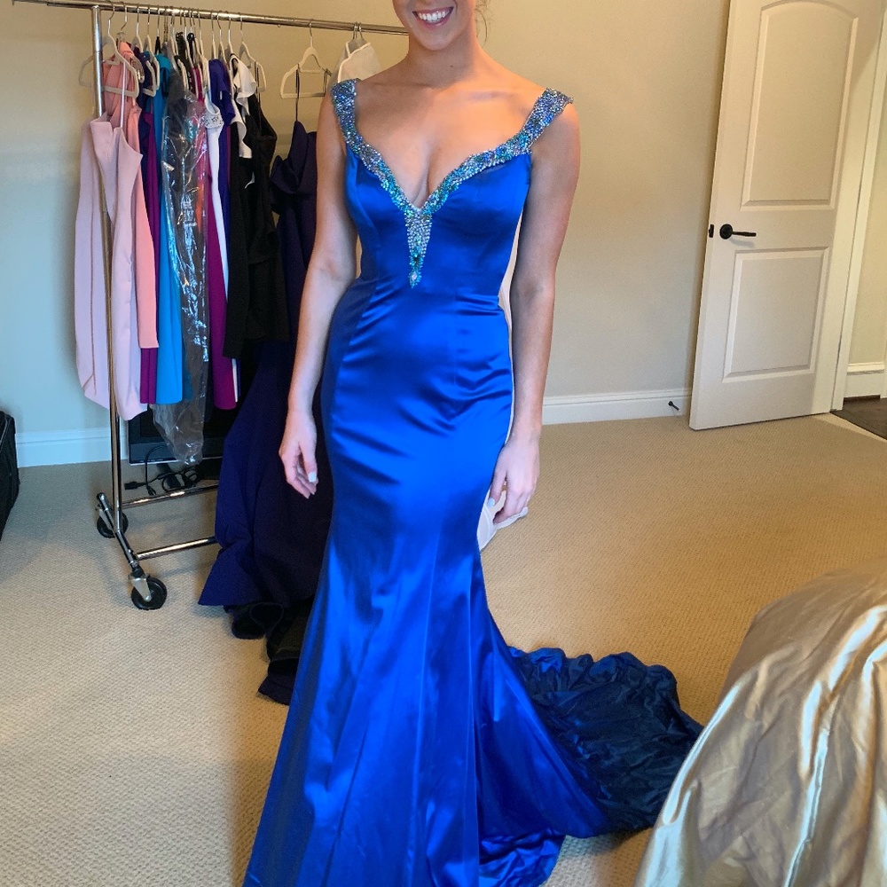 Sherri Hill Couture Satin Pageant Original One of a Kind Blue Dress With Train
